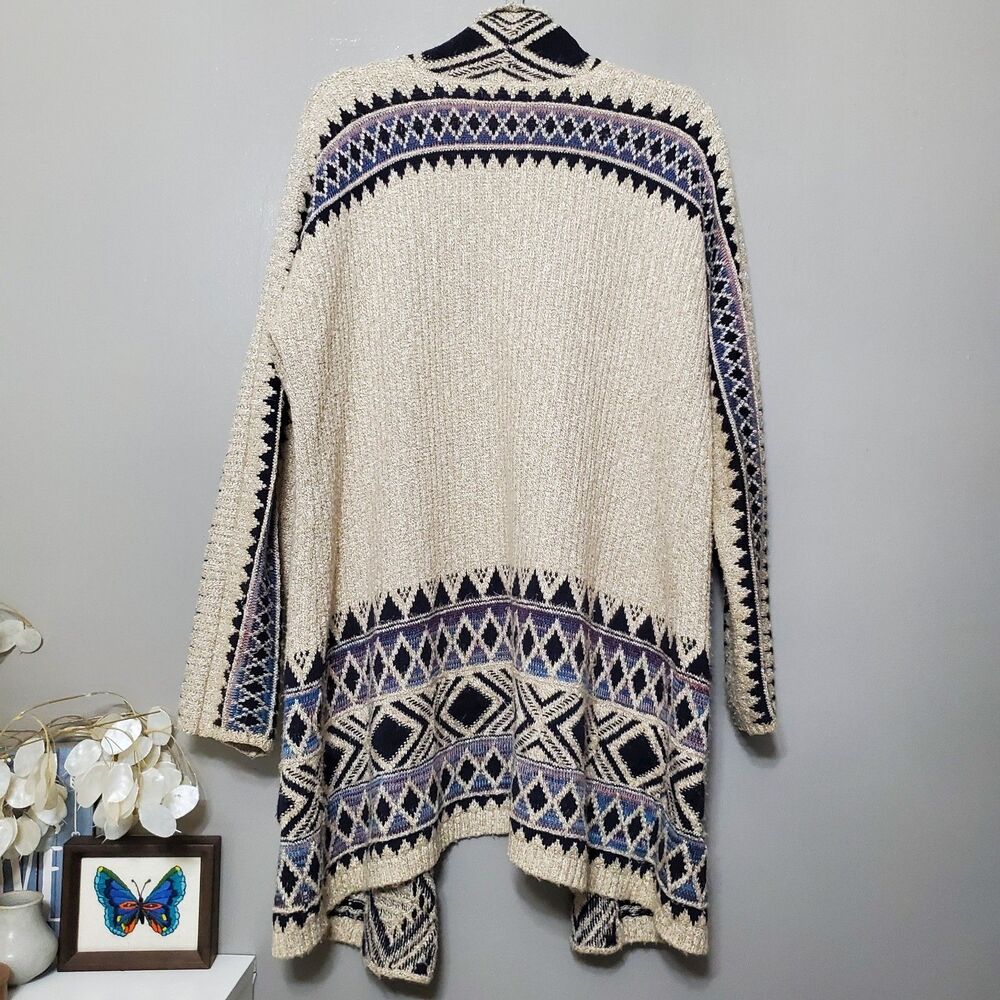 Lucky Brand Cardigan Sweater Size L/XL Oatmeal Tribal Aztec Western Open Front - Picture 7 of 12